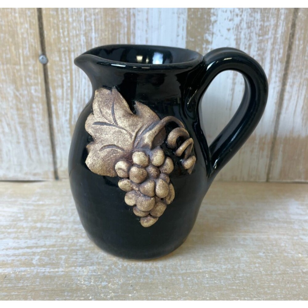 MAGNOLIA PLACE POTTERY Seagrove NC Mini Ceramic Black Pitcher 3D Grapes Signed